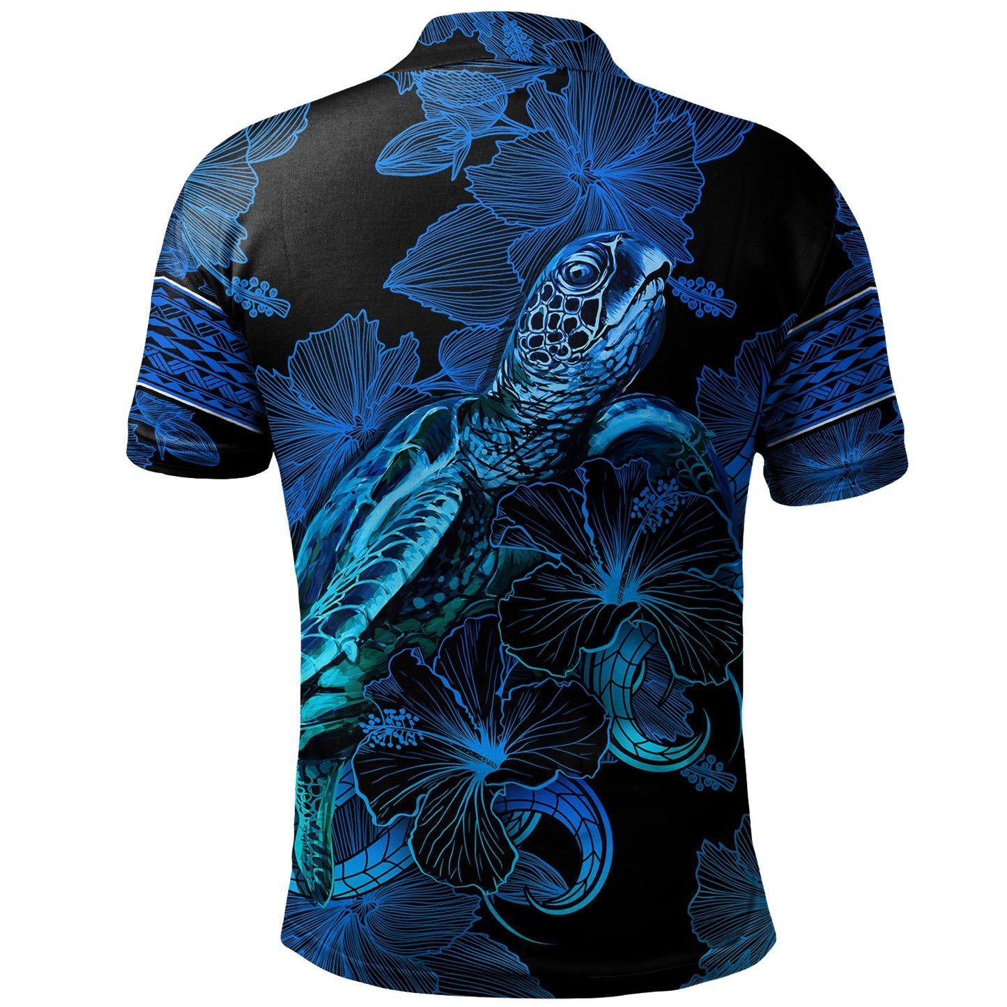 Solomon Islands Polo Shirt Sea Turtle With Blooming Hibiscus Flowers Tribal Blue