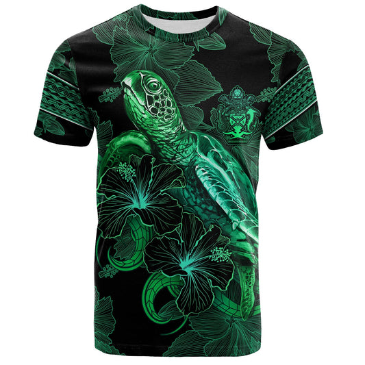 Solomon Islands T-Shirt  Sea Turtle With Blooming Hibiscus Flowers Tribal Green