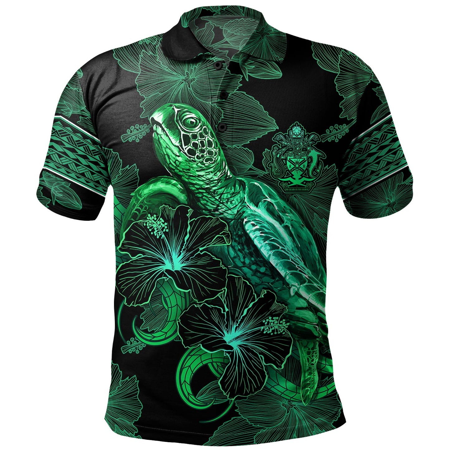 Solomon Islands Polo Shirt  Sea Turtle With Blooming Hibiscus Flowers Tribal Green