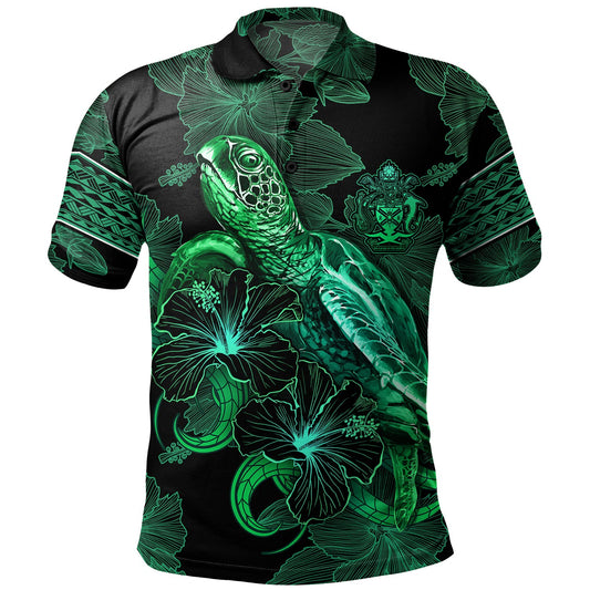Solomon Islands Polo Shirt  Sea Turtle With Blooming Hibiscus Flowers Tribal Green