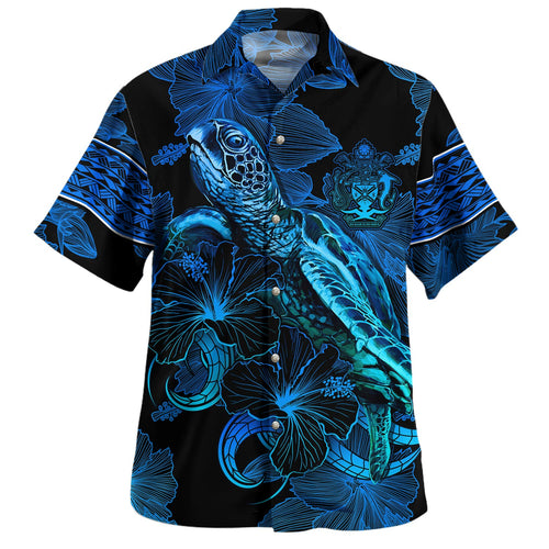 Vanuatu Hawaiian Shirt Sea Turtle With Blooming Hibiscus Flowers Tribal Blue