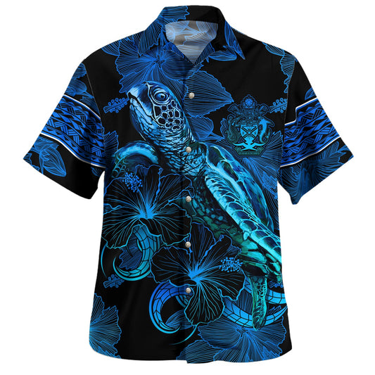 Vanuatu Hawaiian Shirt Sea Turtle With Blooming Hibiscus Flowers Tribal Blue