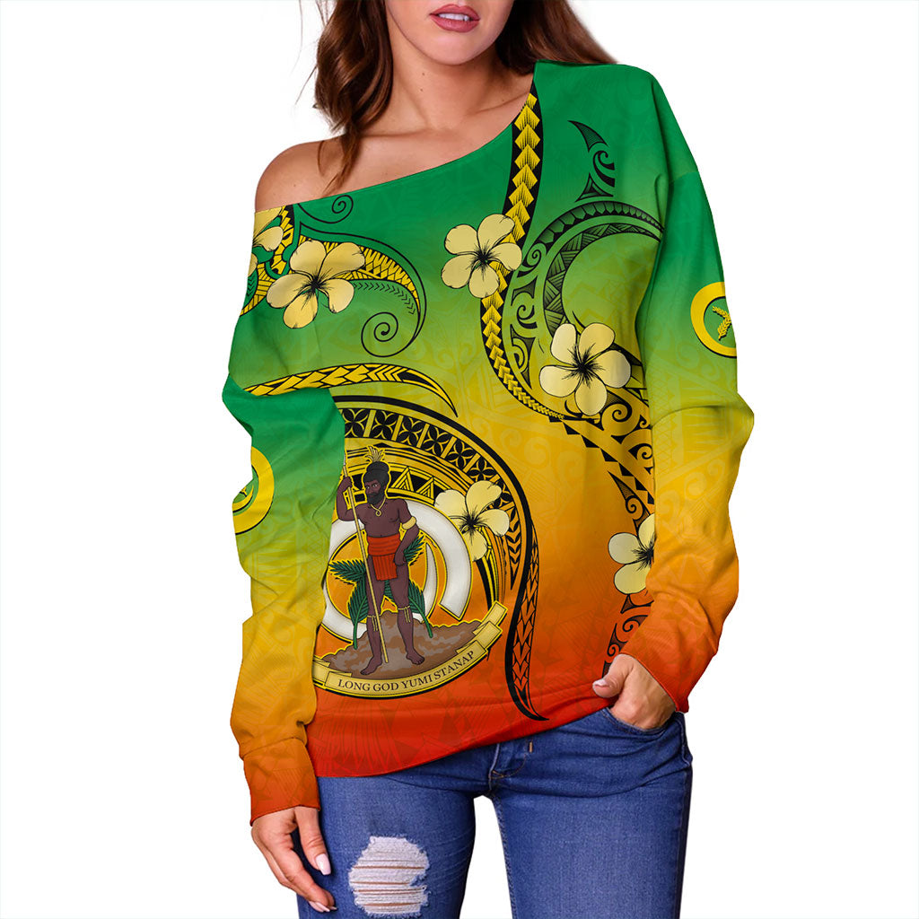 Vanuatu Off Shoulder Sweatshirt Melanesian Style Plumeria Flower