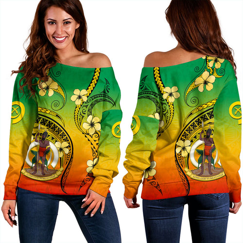 Vanuatu Off Shoulder Sweatshirt Melanesian Style Plumeria Flower