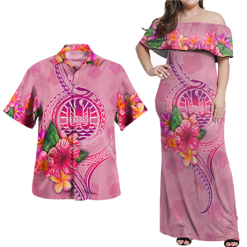 Tahiti Combo Off Shoulder Long Dress And Shirt Floral With Seal Pink