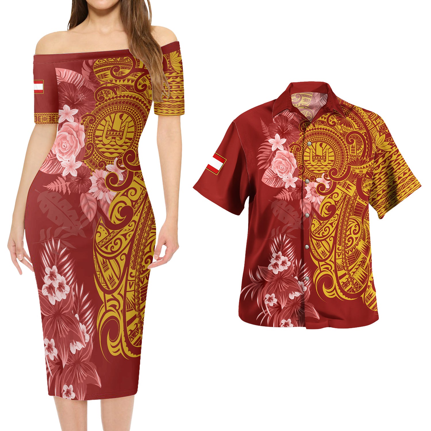 Tahiti Combo Short Sleeve Dress And Shirt Polynesian Tropical Plumeria Tribal Red