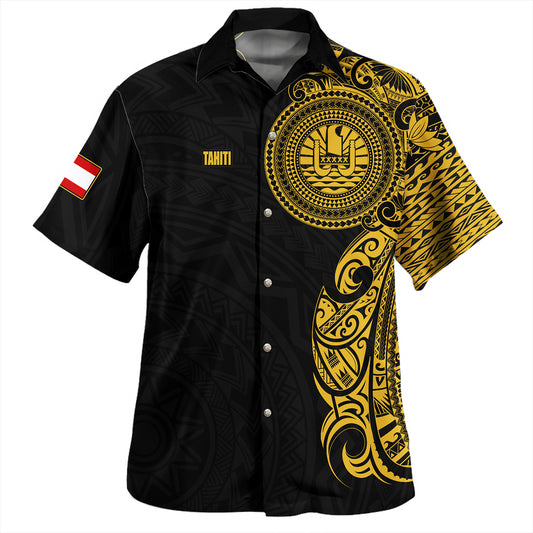 Gambier Islands Hawaiian Shirt Custom Polynesian Half Sleeve Gold Tattoo With Seal Black