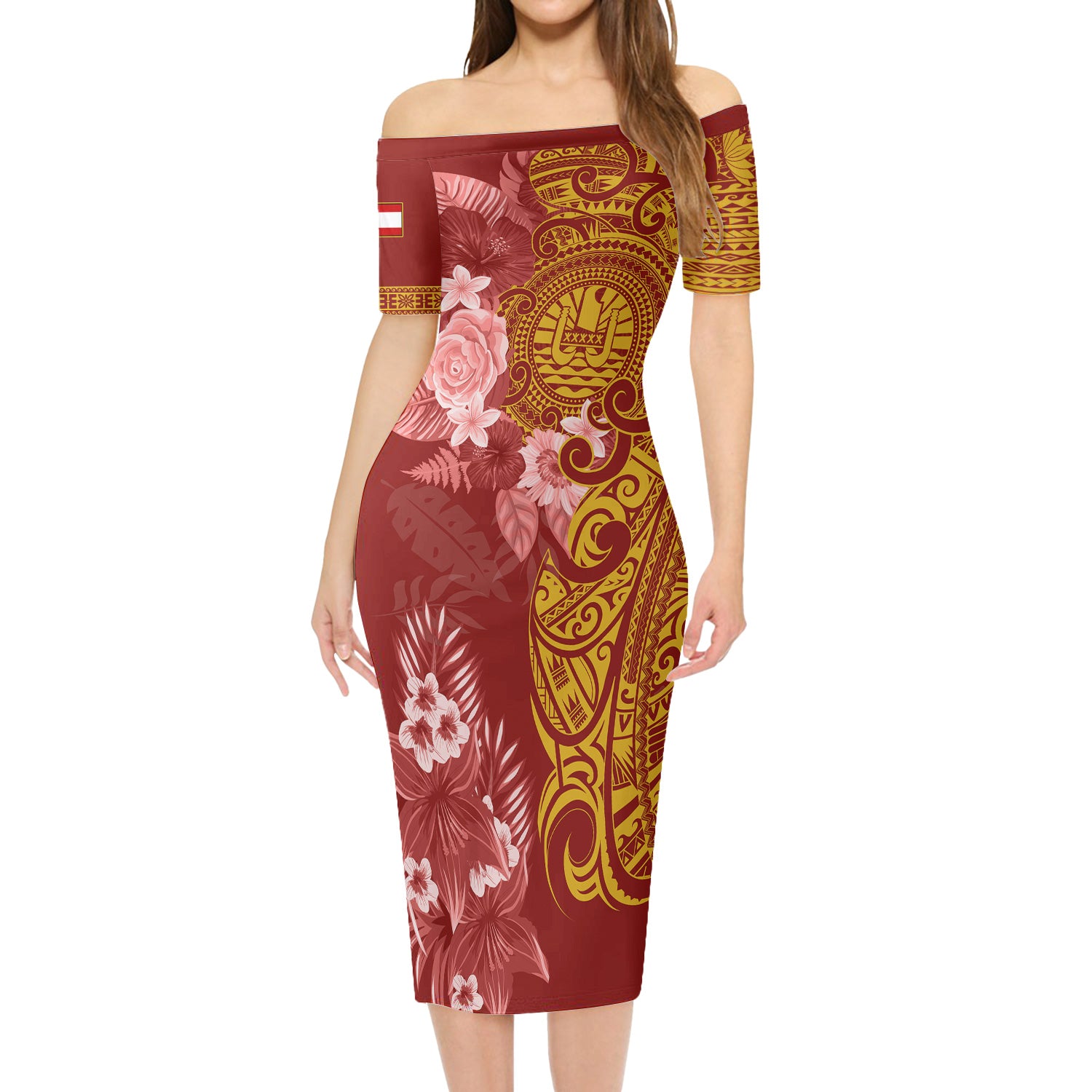 Tahiti Short Sleeve Off The Shoulder Lady Dress Polynesian Tropical Plumeria Tribal Red
