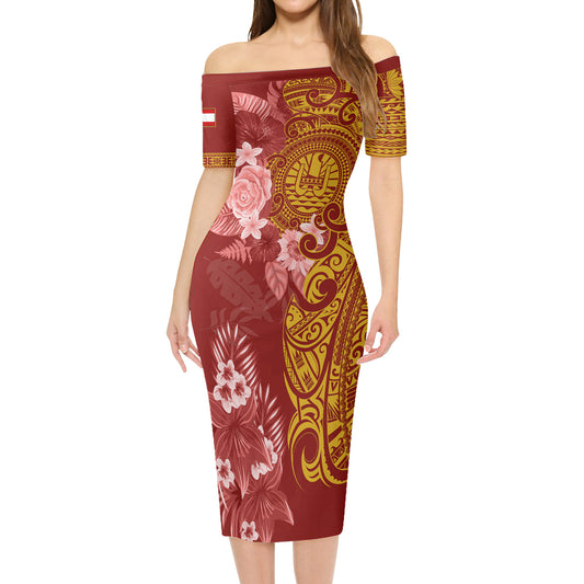 Tahiti Short Sleeve Off The Shoulder Lady Dress Polynesian Tropical Plumeria Tribal Red