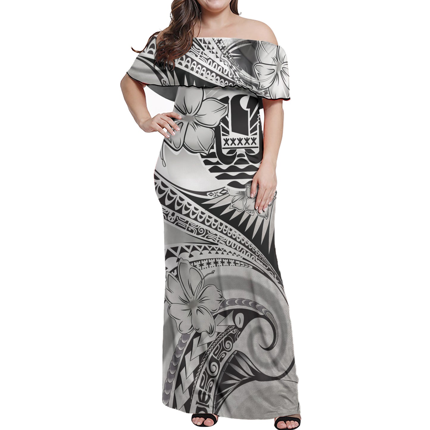 Tahiti Combo Off Shoulder Long Dress And Shirt Polynesian Tribal Waves Patterns Hibiscus Flowers