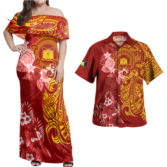 Tokelau Combo Off Shoulder Long Dress And Shirt Polynesian Tropical Plumeria Tribal Red