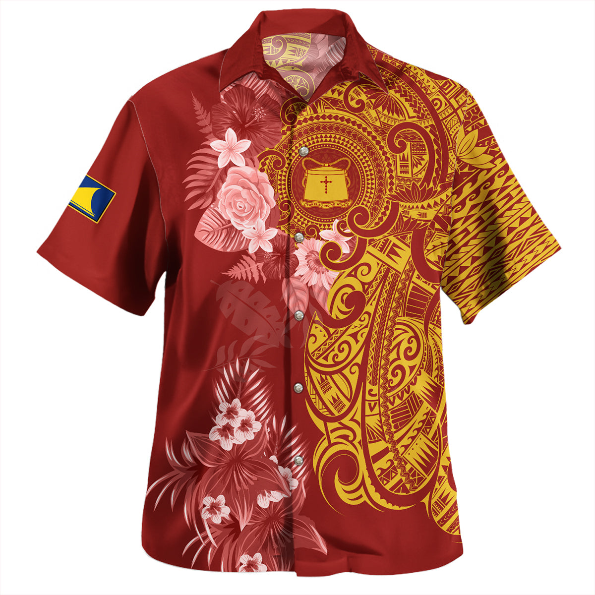 Tokelau Combo Short Sleeve Dress And Shirt Polynesian Tropical Plumeria Tribal Red