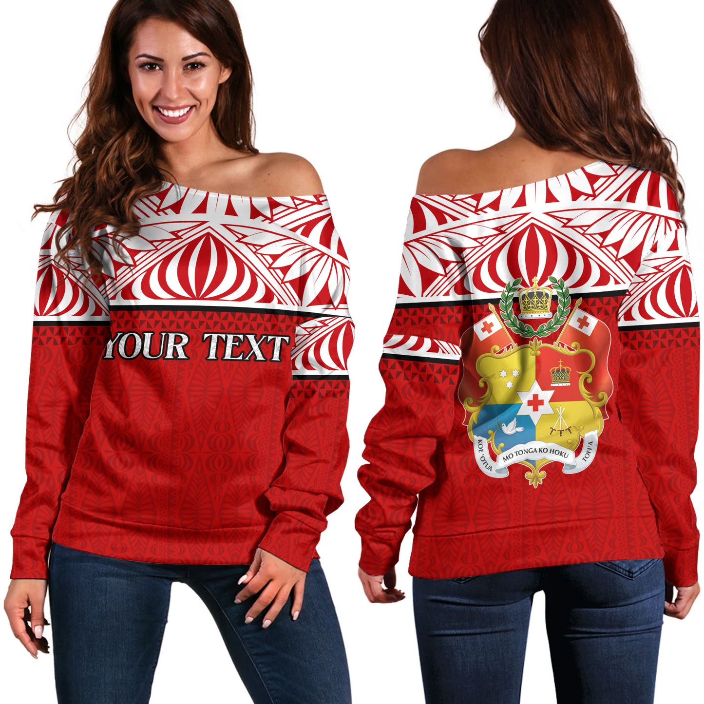 Tonga Custom Personalised Off Shoulder Sweatshirt Coat Of Arms Ngatu Patterns Design