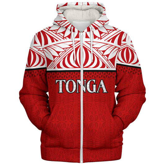 Tonga Custom Personalised Sherpa Hoodie Coat Of Arms Ngatu Patterns Design