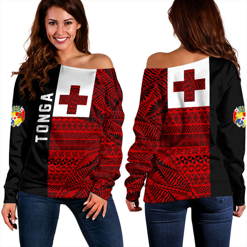 Tonga Off Shoulder Sweatshirt Flag Ngatu Pattern Style