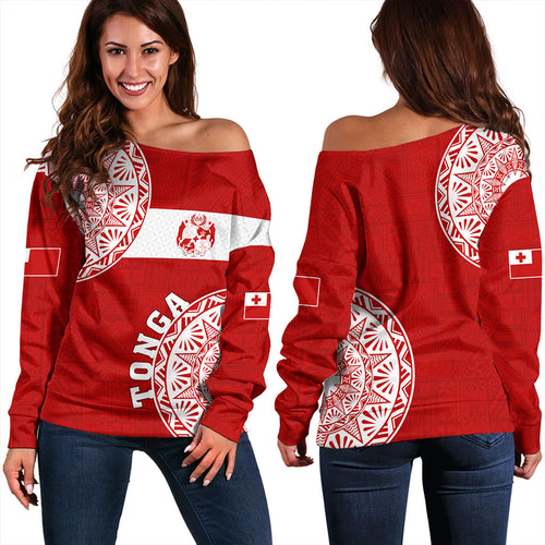 Tonga Off Shoulder Sweatshirt Kingdom of Tonga Ngatu Pattern Circle