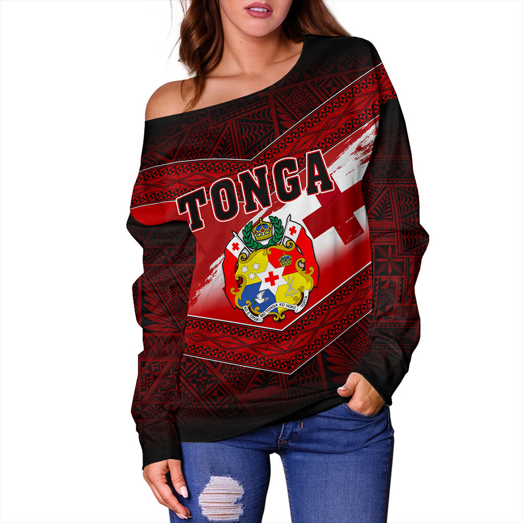 Tonga Off Shoulder Sweatshirt Tapa Ngatu Nesian Island Matching Flag Grunge