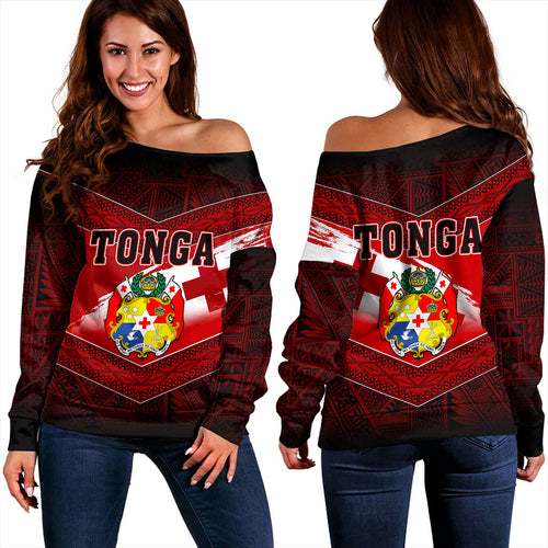 Tonga Off Shoulder Sweatshirt Tapa Ngatu Nesian Island Matching Flag Grunge