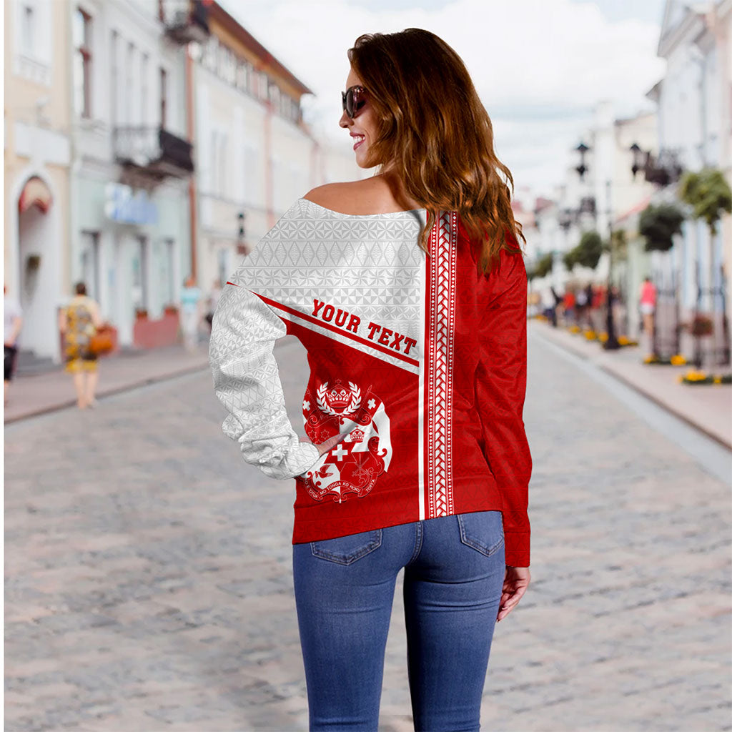 Tonga Off Shoulder Sweatshirt Custom Tribal Ngatu Design Flag