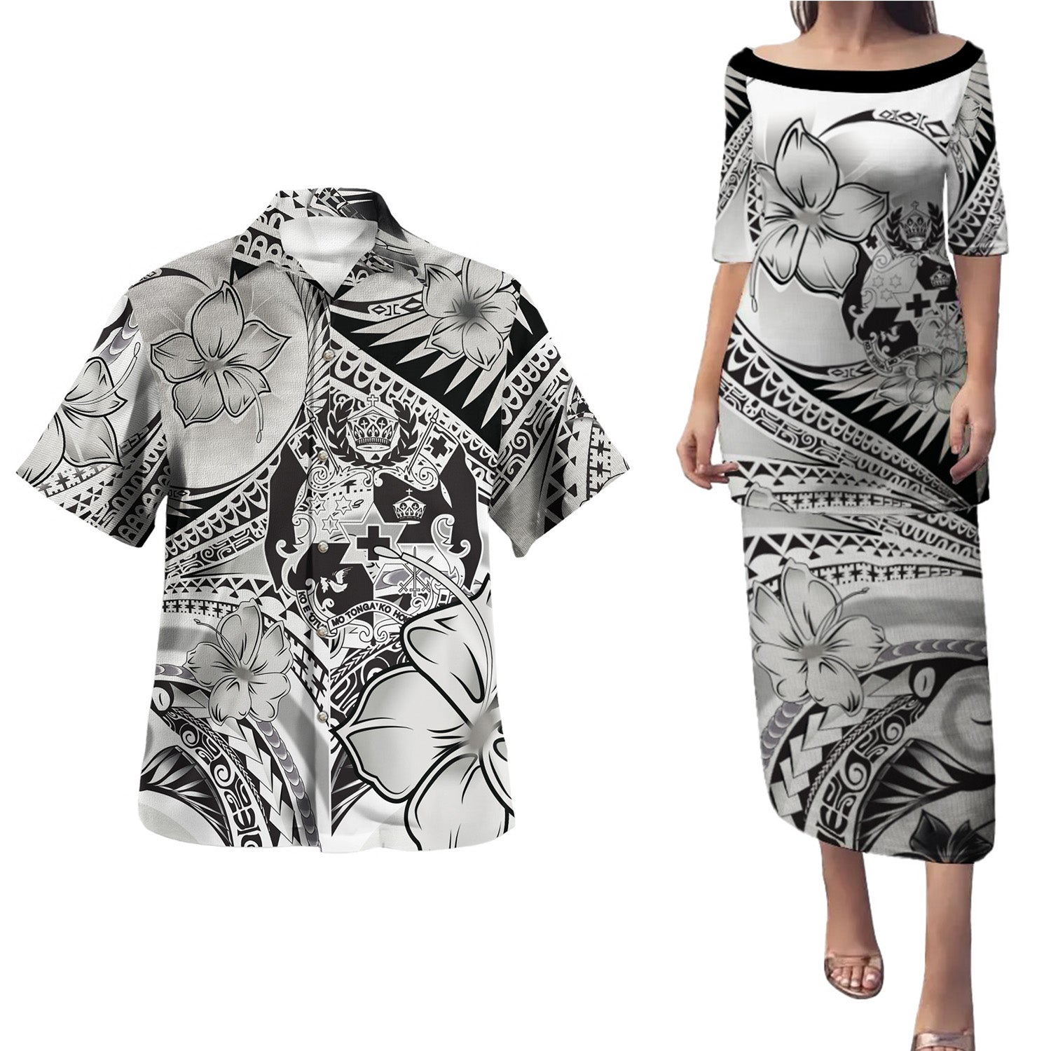Tonga Combo Puletasi And Shirt Polynesian Tribal Waves Patterns Hibiscus Flowers