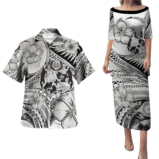 Tonga Combo Puletasi And Shirt Polynesian Tribal Waves Patterns Hibiscus Flowers