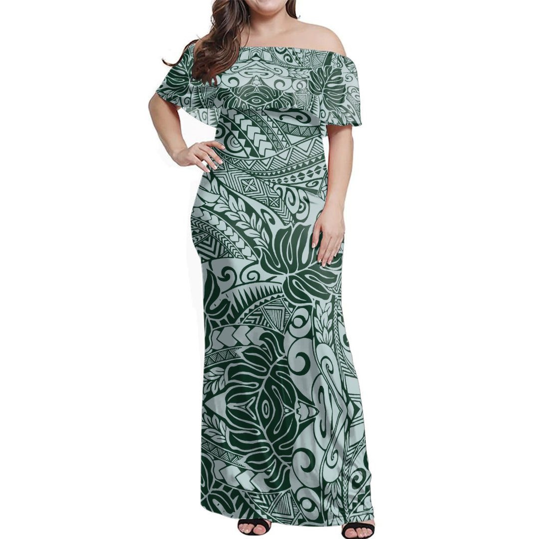 Polynesia Combo Dress And Shirt Tribal Polynesian Pattern Leaf Green
