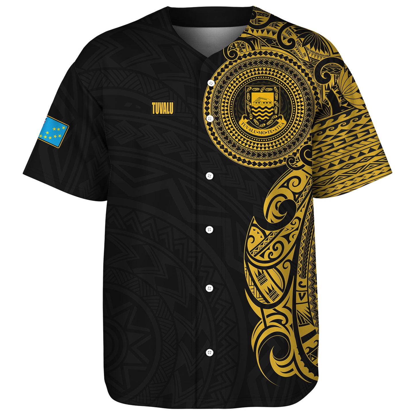 Tuvalu Baseball Shirt Custom Polynesian Half Sleeve Gold Tattoo With Seal Black