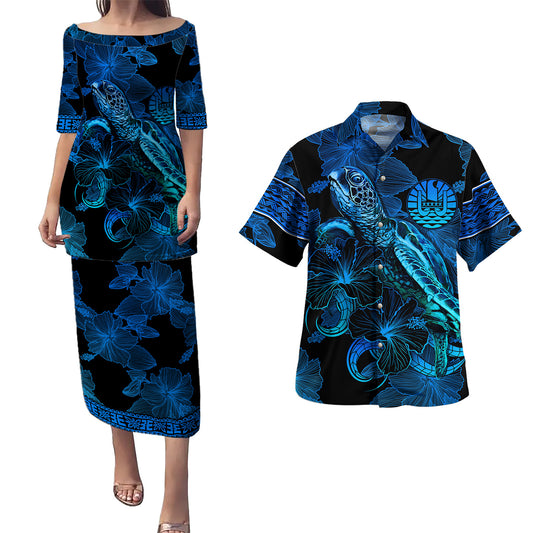 Tahiti Combo Puletasi And Shirt Sea Turtle With Blooming Hibiscus Flowers Tribal Blue