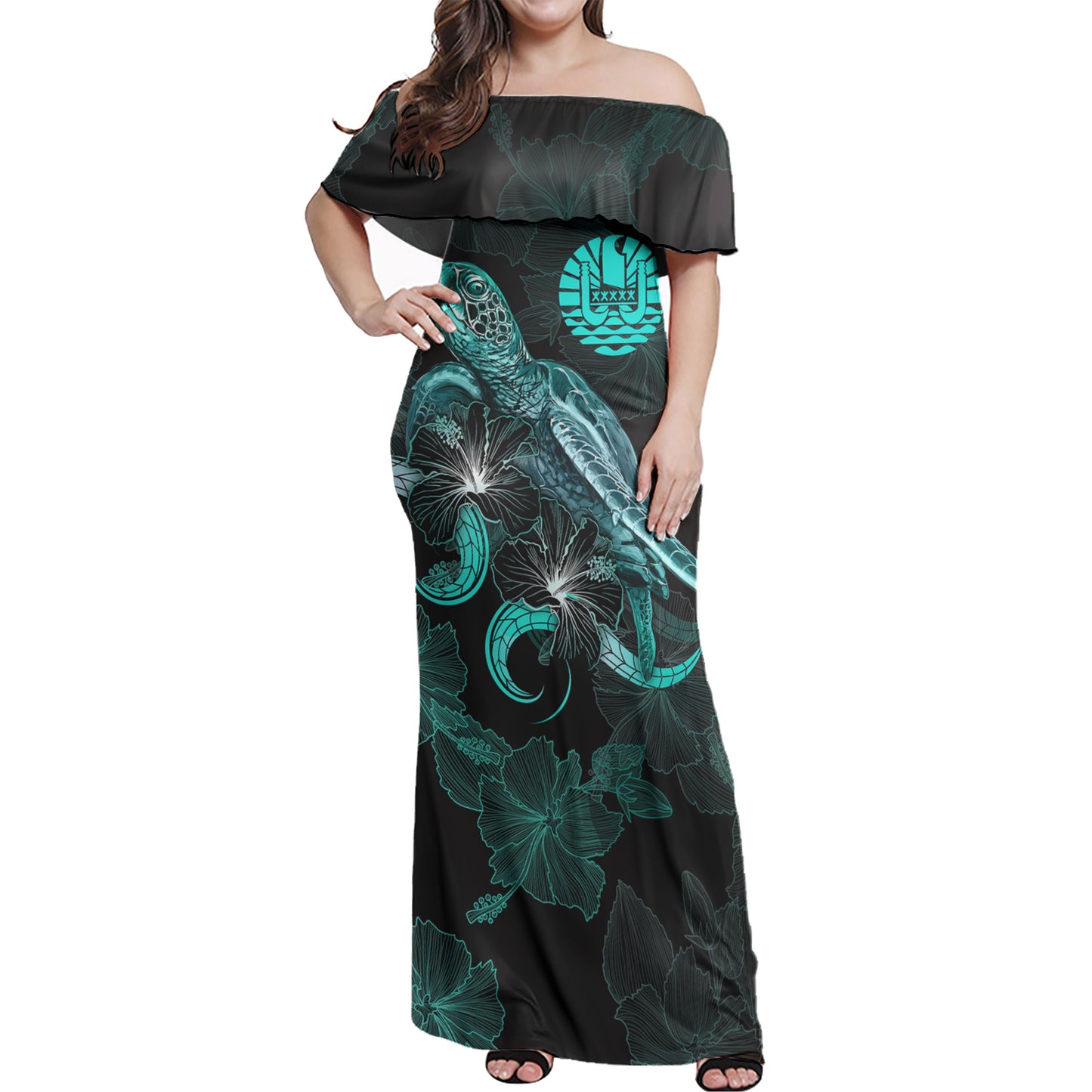 Tahiti Combo Dress And Shirt - Tahiti Coat Of Arms With Polynesian Turtle Blooming Hibiscus Turquoise