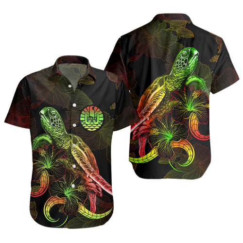 Tahiti Short Sleeve Shirt Sea Turtle With Blooming Hibiscus Flowers Reggae