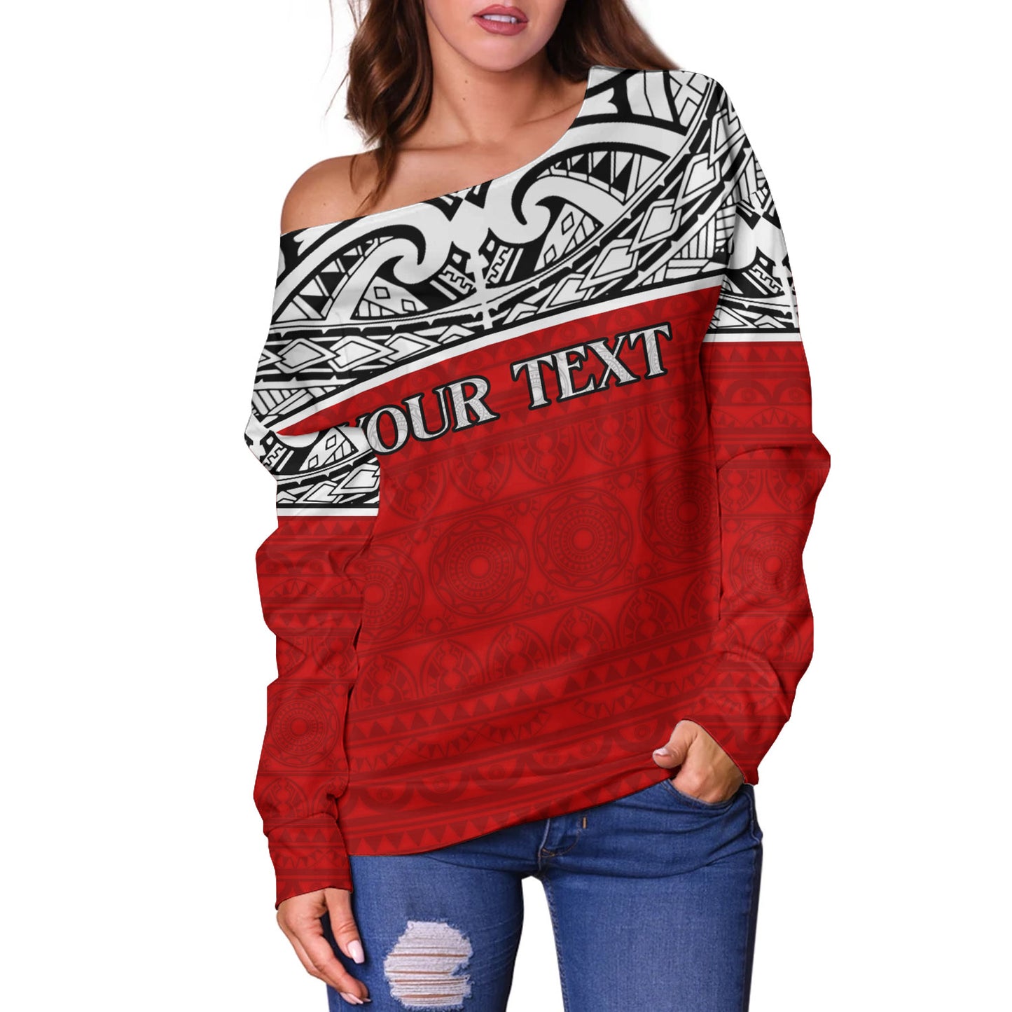 Tahiti Custom Personalised Off Shoulder Sweatshirt Coat Of Arms Polynesia Patterns Style