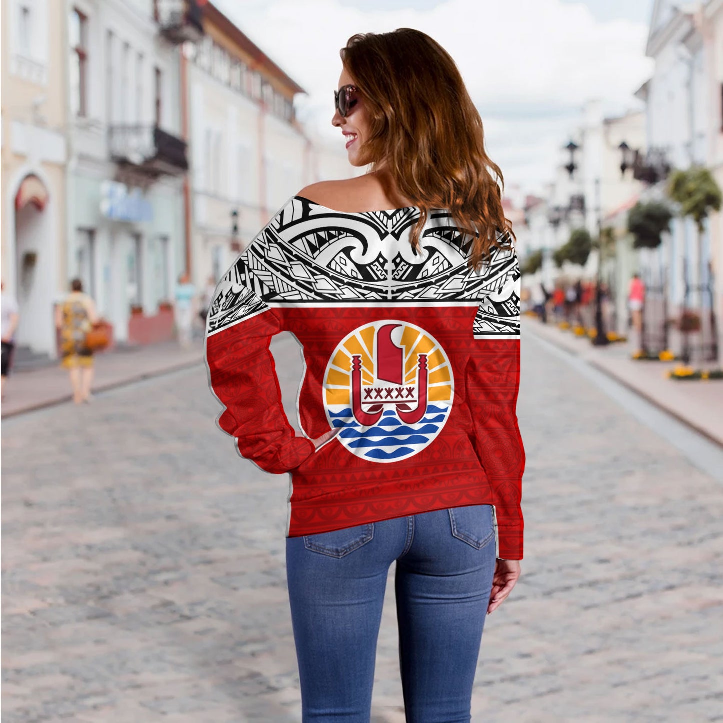 Tahiti Custom Personalised Off Shoulder Sweatshirt Coat Of Arms Polynesia Patterns Style