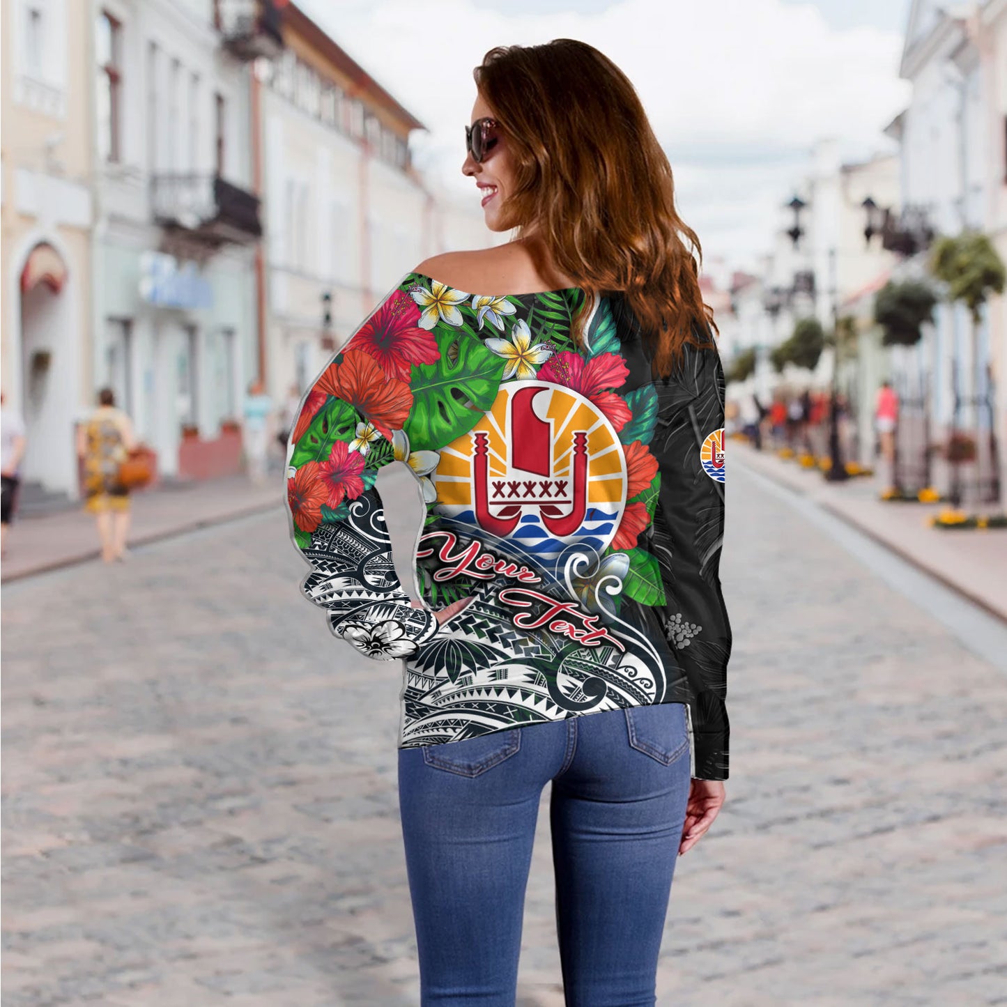 Tahiti Custom Personalised Off Shoulder Sweatshirt Hibiscus And Plumeria With Palm Branches Vintage Style