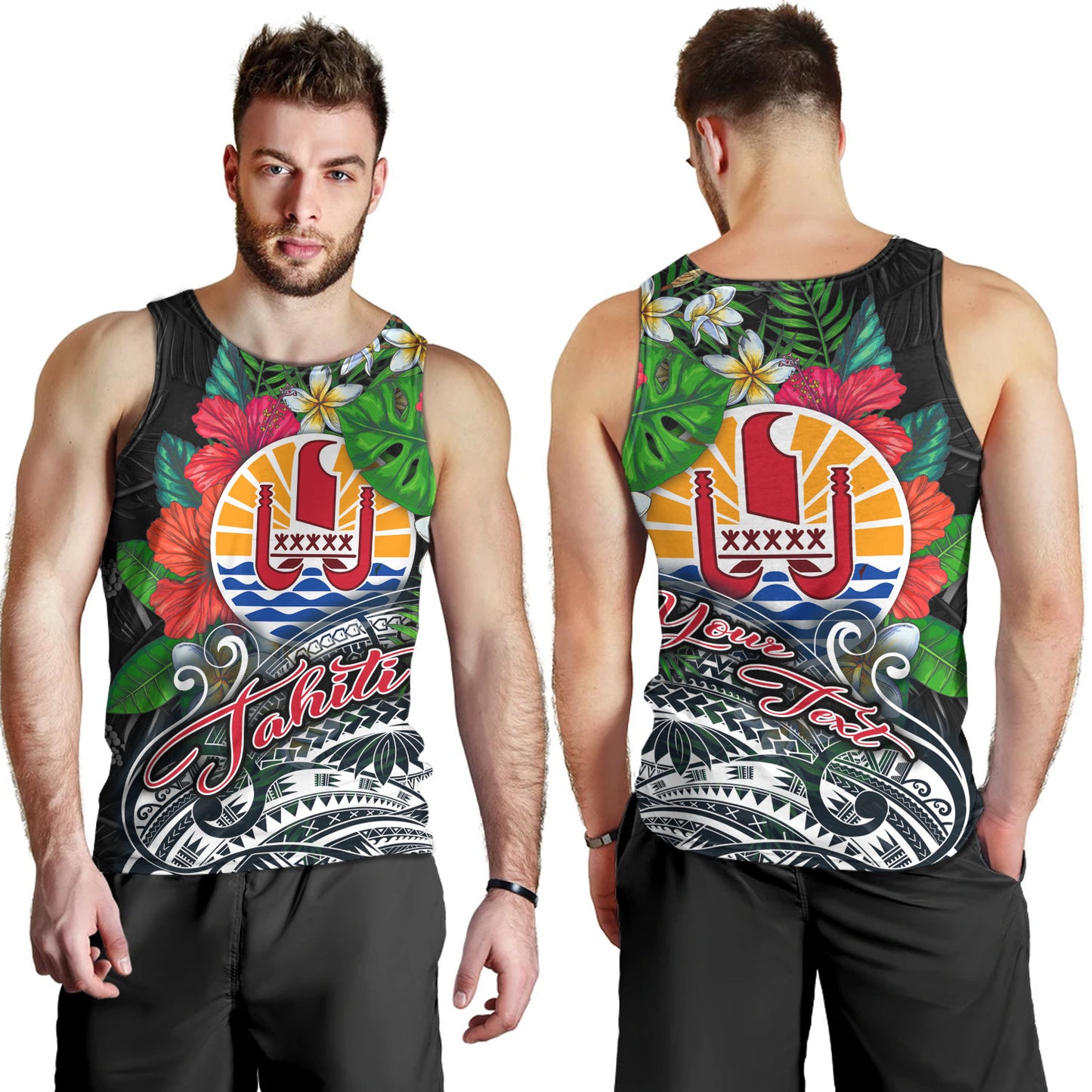 Tahiti Custom Personalised Tank Top Hibiscus And Plumeria With Palm Branches Vintage Style