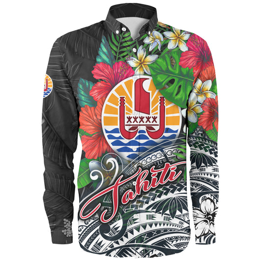 Tahiti Custom Personalised Long Sleeve Shirt Hibiscus And Plumeria With Palm Branches Vintage Style