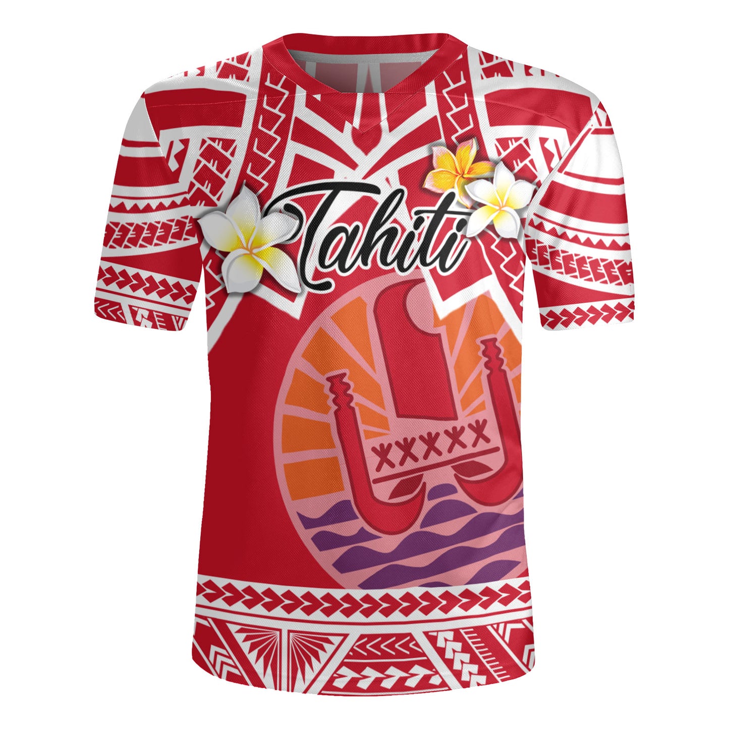 Tahiti Custom Personalised Rugby Jersey Tahitian Plumeria Flowers Mix Tribal Patterns
