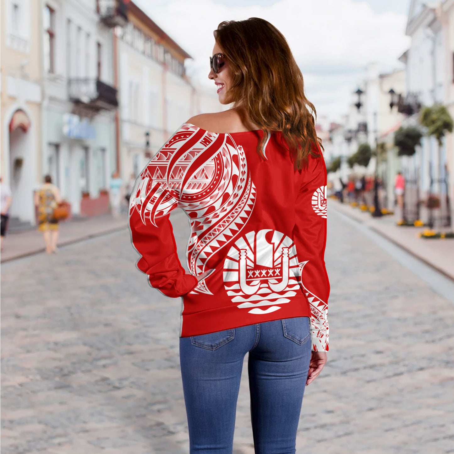 Tahiti Custom Personalised Off Shoulder Sweatshirt Tatau White Patterns With Coat Of Arms