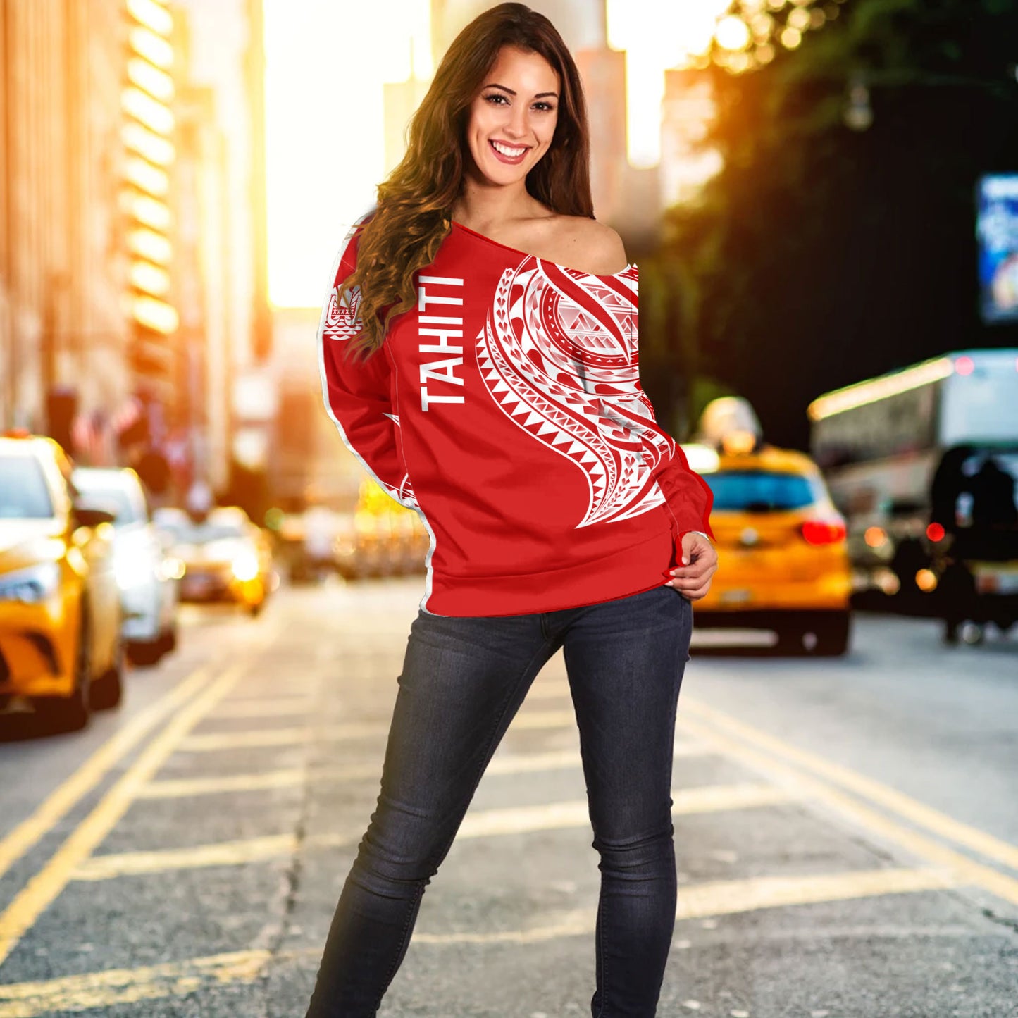 Tahiti Custom Personalised Off Shoulder Sweatshirt Tatau White Patterns With Coat Of Arms