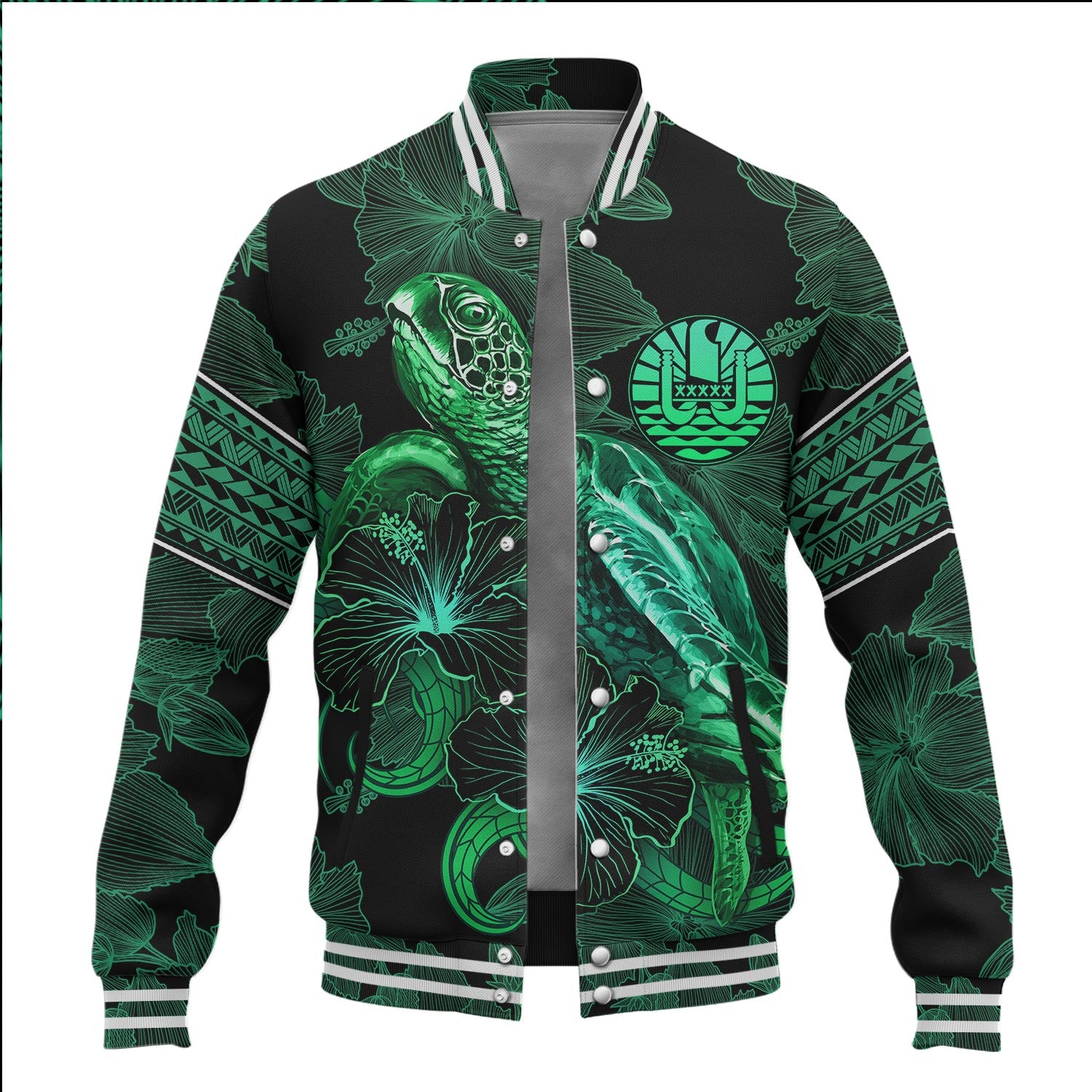 Tahiti Baseball Jacket  Sea Turtle With Blooming Hibiscus Flowers Tribal Green