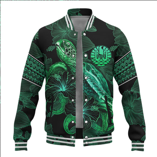 Tahiti Baseball Jacket  Sea Turtle With Blooming Hibiscus Flowers Tribal Green