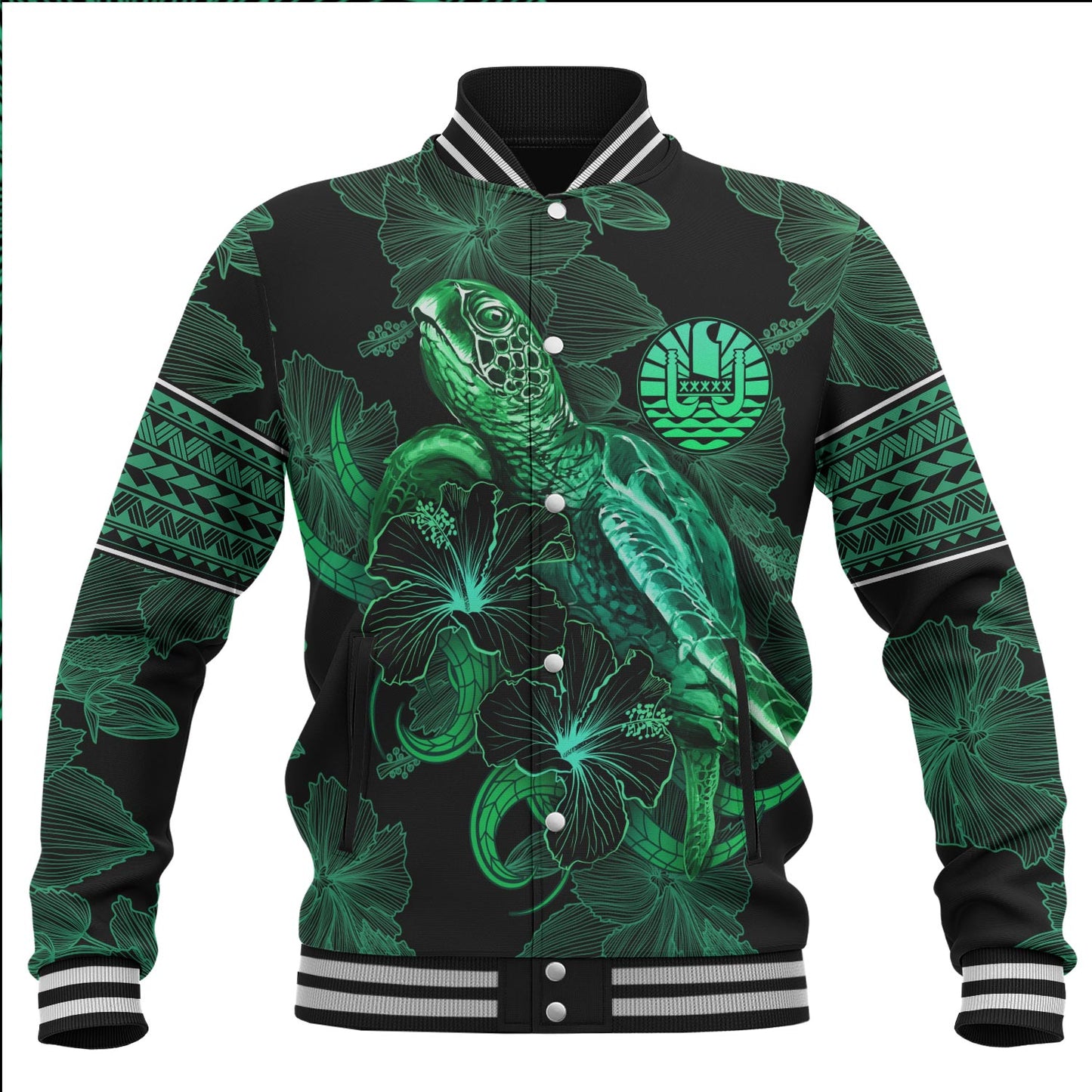 Tahiti Baseball Jacket  Sea Turtle With Blooming Hibiscus Flowers Tribal Green