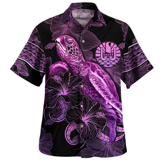Gambier Islands Hawaiian Shirt Sea Turtle With Blooming Hibiscus Flowers Tribal Purple