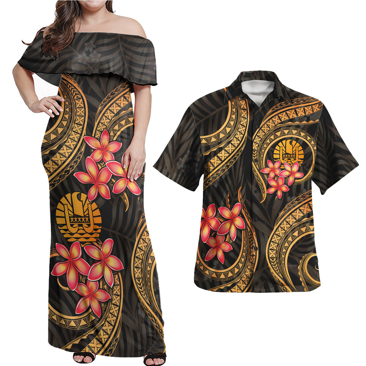 Tahiti Polynesian Pattern Combo Dress And Shirt Gold Plumeria