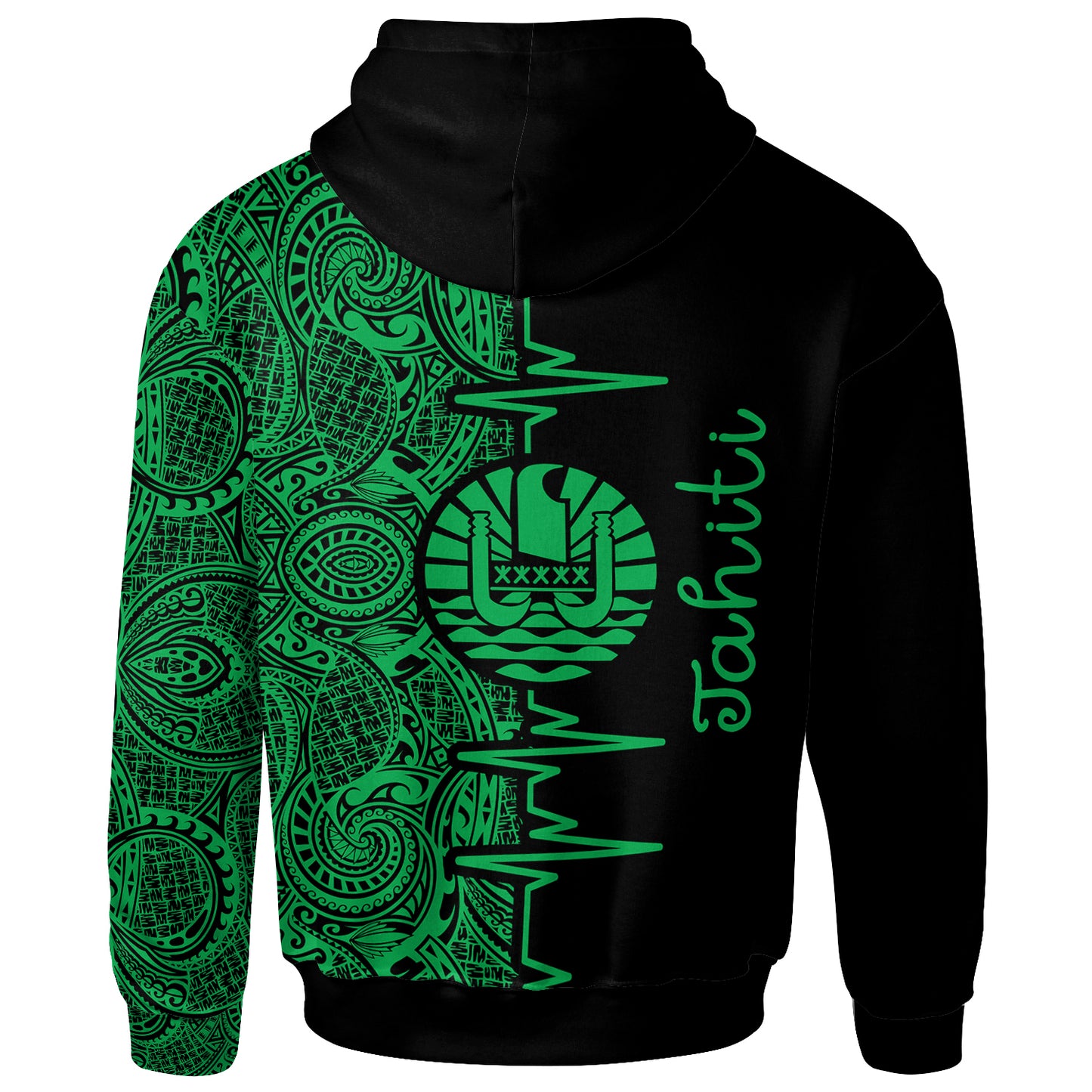 Tahiti Polynesian Hoodie - Tahiti Flag Heartbeat Pattern Green Version