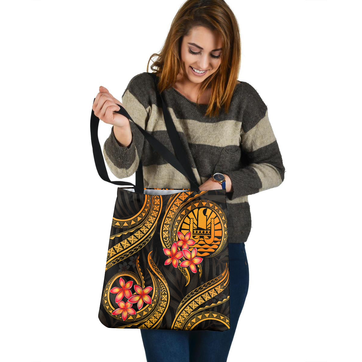 Tahiti Tote Bag Gold Polynesian Pattern Plumeria