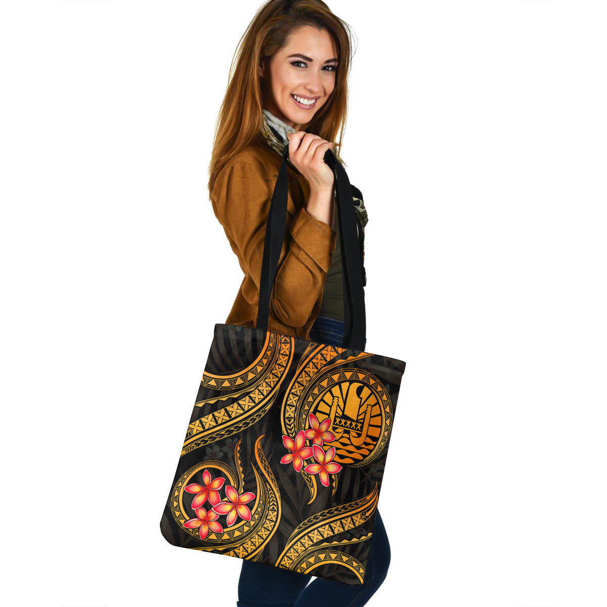 Tahiti Tote Bag Gold Polynesian Pattern Plumeria