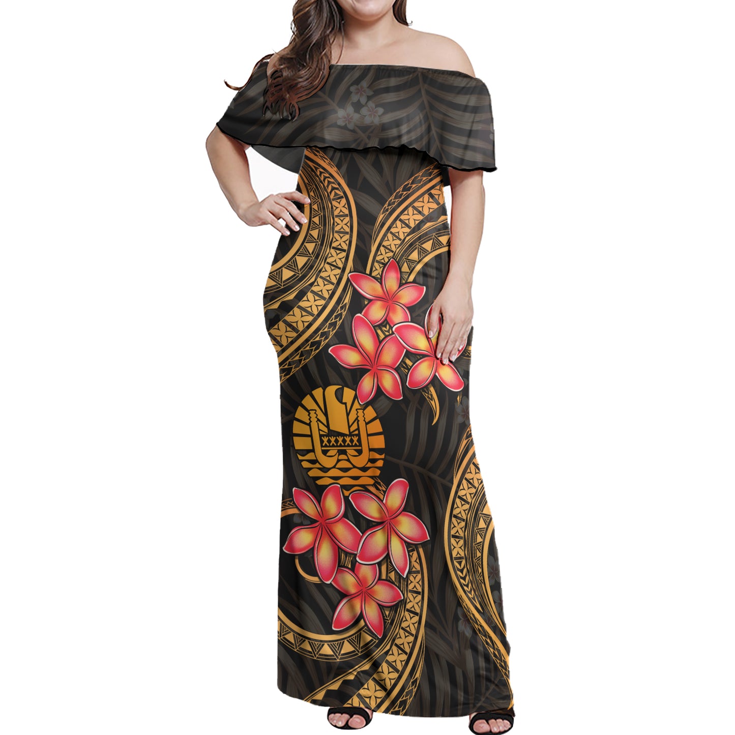 Tahiti Woman Off Shoulder Long Dress Polynesian Gold Plumeria