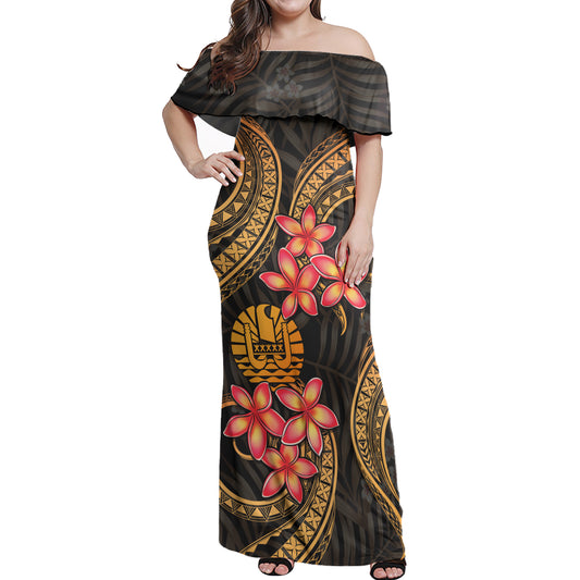 Tahiti Woman Off Shoulder Long Dress Polynesian Gold Plumeria