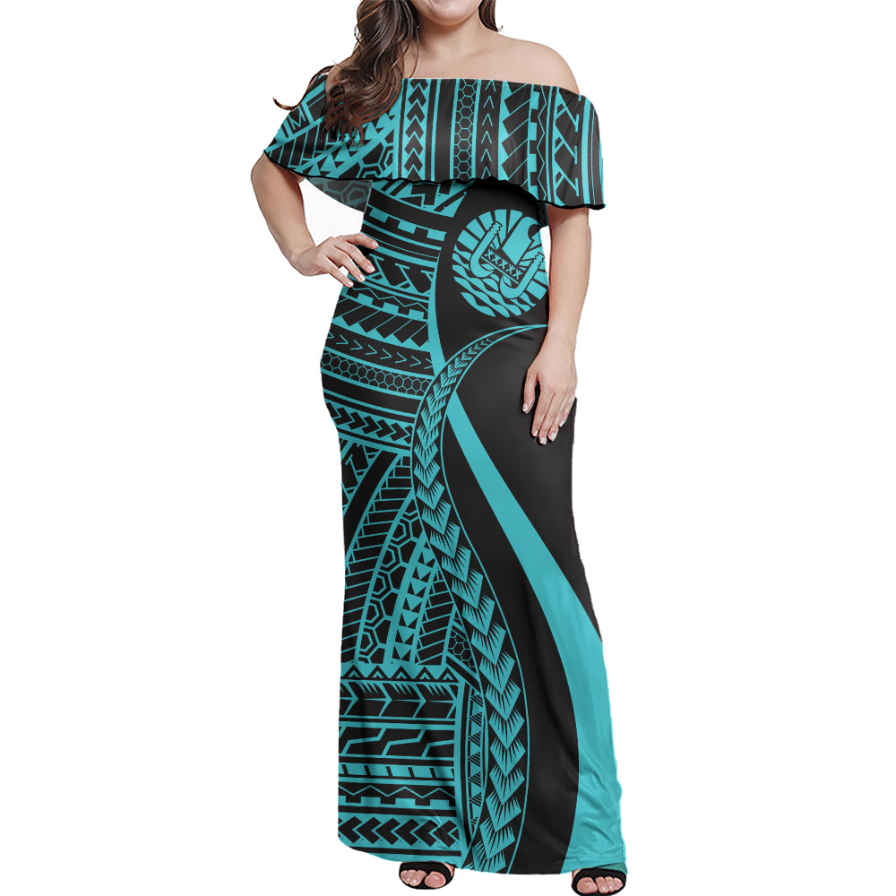 Tahiti Combo Dress And Shirt - Polynesian Tentacle Tribal Pattern Turquoise