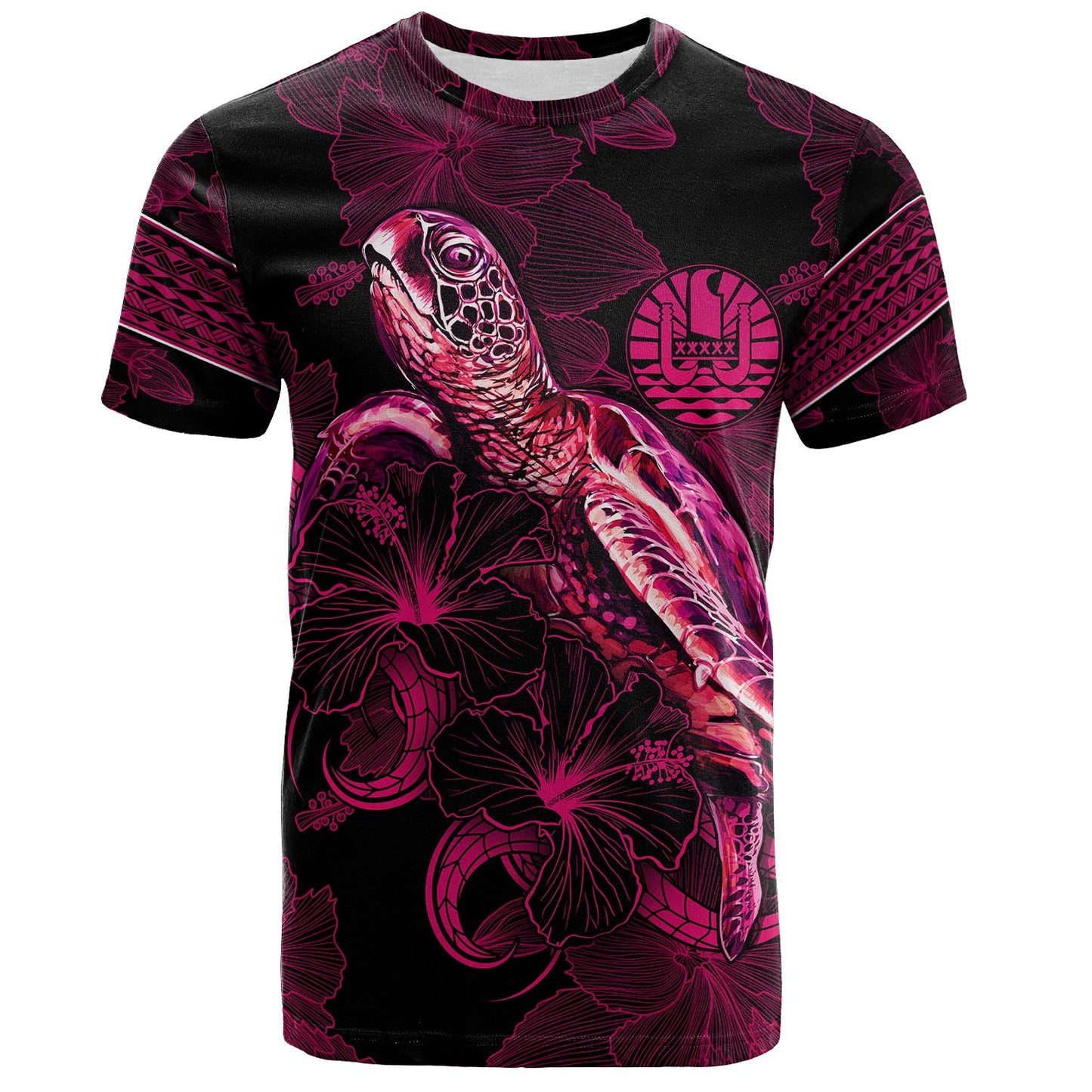 Tahiti T-Shirt Sea Turtle With Blooming Hibiscus Flowers Tribal Maroon